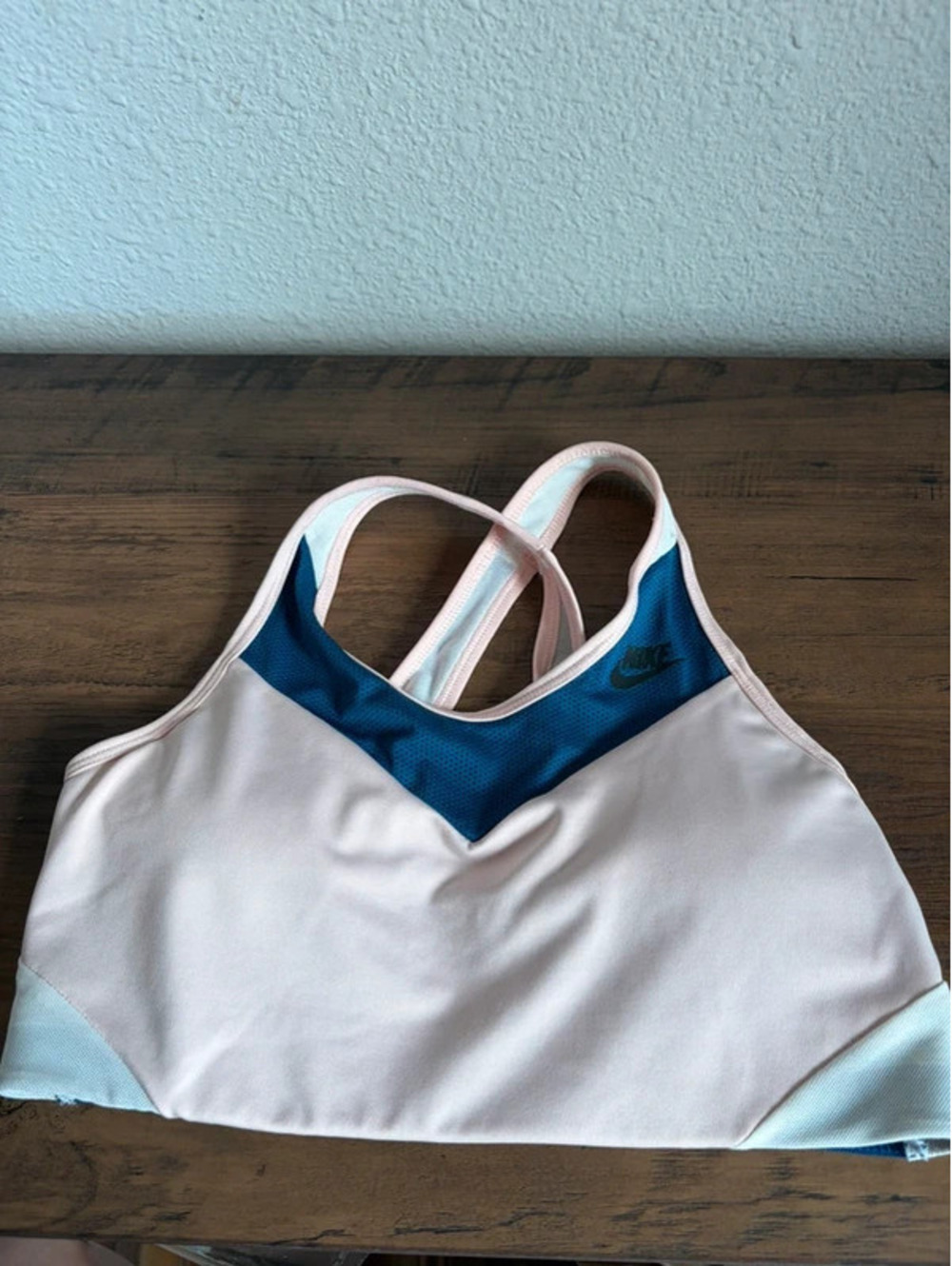Nike pink/blue/white sports bra size M. Removable pads
